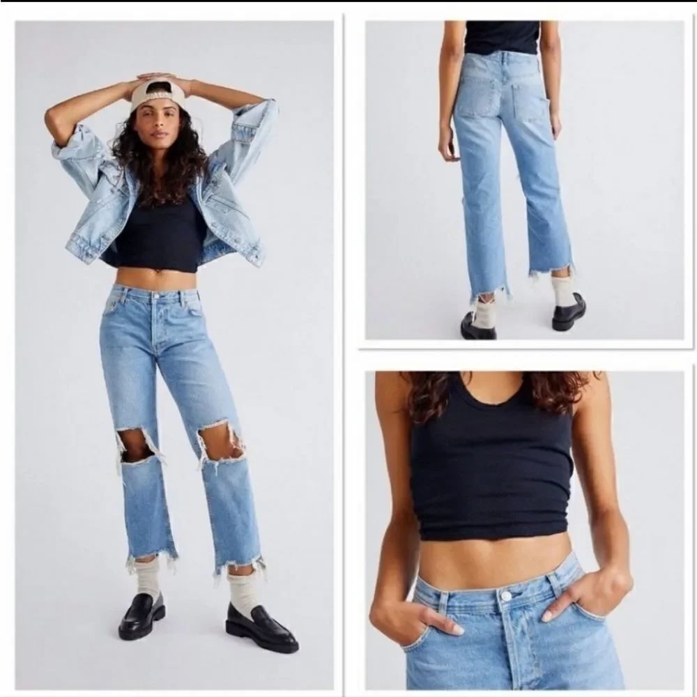 We The Free (Free People) Maggie Mid-rise Straight Leg Distressed Jeans Sz 28